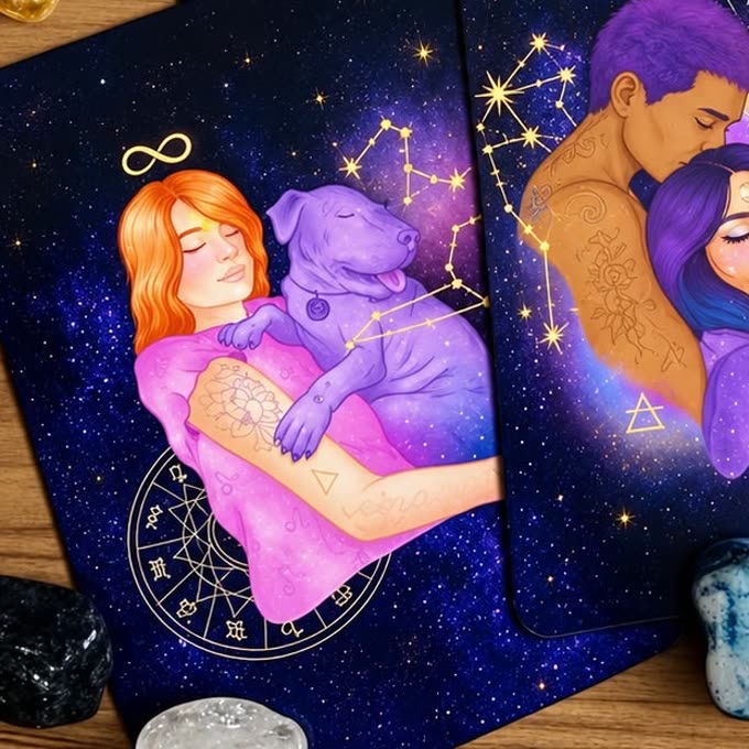 Duas cartas do baralho da Brunna sobre a mesa, com constelações douradas e cristais ao redor